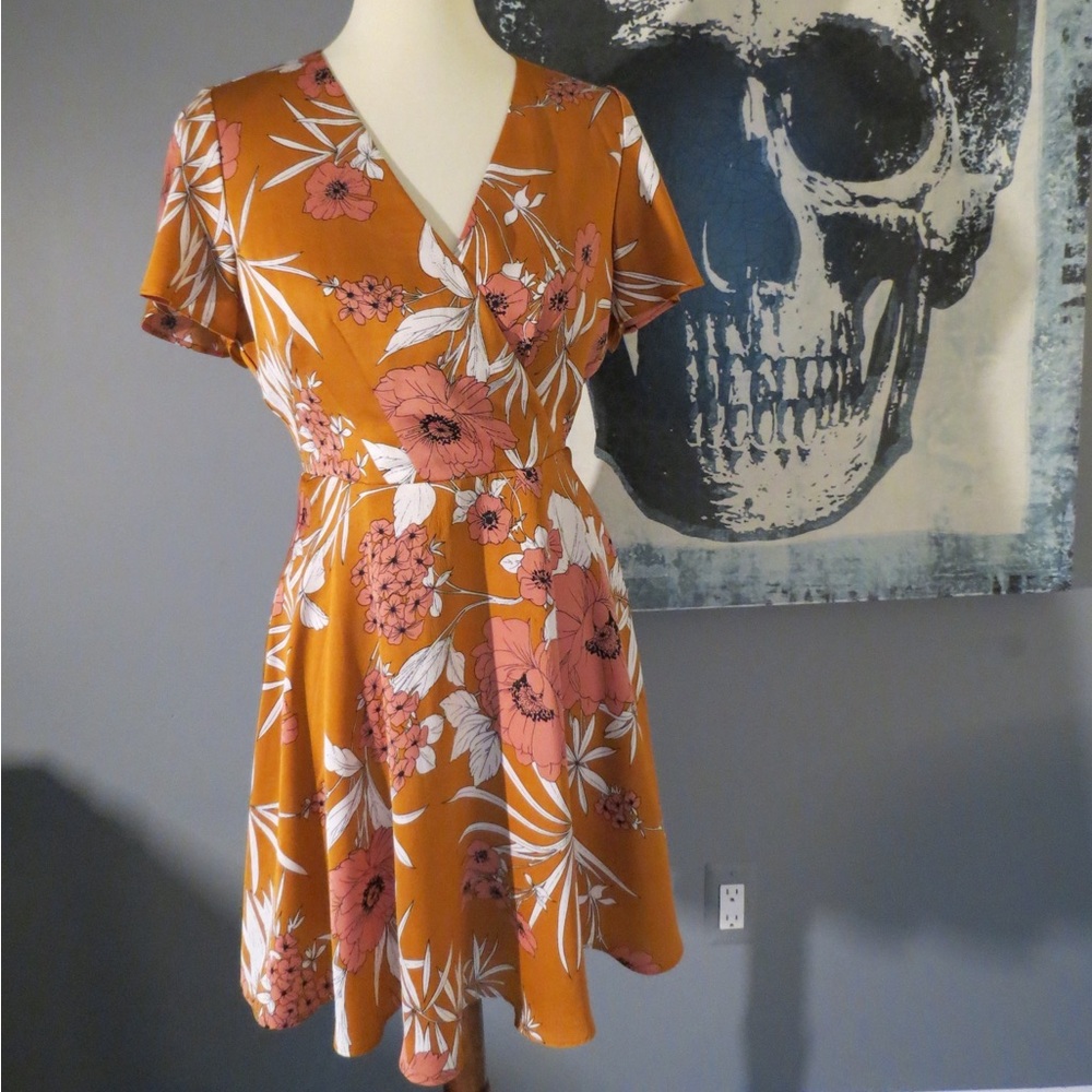 Express Floral Wrap Mini Dress in Mustard and Blush Pink